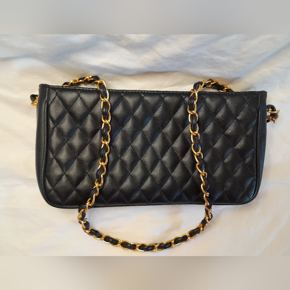 Signature Club A Black Quilted PVC Crossbody Handbag with Gold Braid Strap